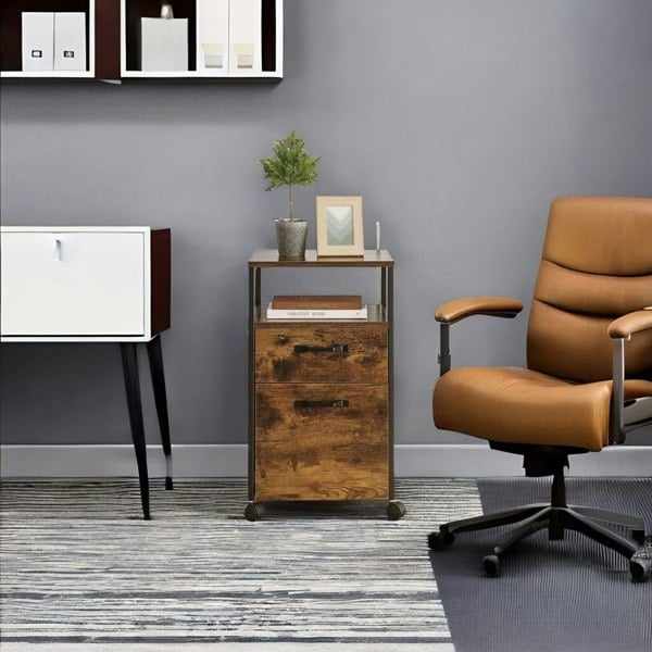 Modcraft Industrial Mobile Filing Cabinet with Drawer & Wheels – Rustic Brown & Black Office Storage