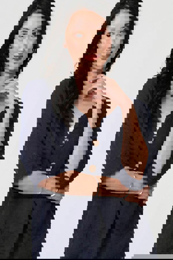 Navy | Button Detail 3/4 Sleeve Relaxed Blouse
