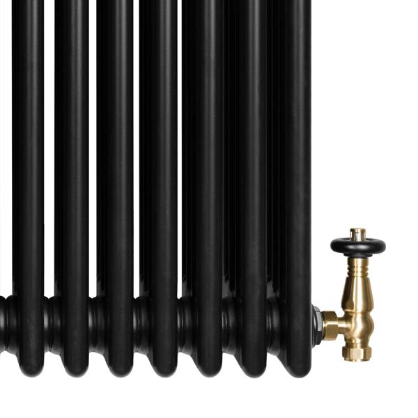 Traditional black 4 column radiator with a sleek finish and brass valve, showcasing a classic design and sturdy construction