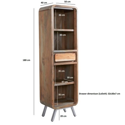 Wyld Haus Los Angeles Reclaimed Wood and Metal Narrow Bookcase 1 Drawer 2 Shelves