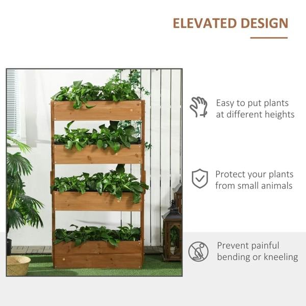 Four-tier wooden plant stand with four planter boxes filled with leafy green plants