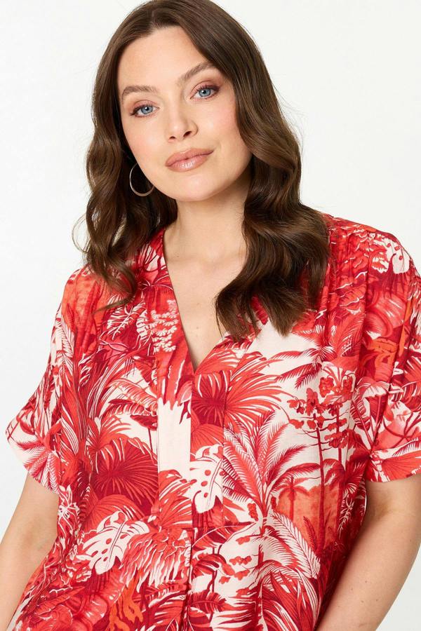 Red | Tropical Print Short Sleeve Shift Dress