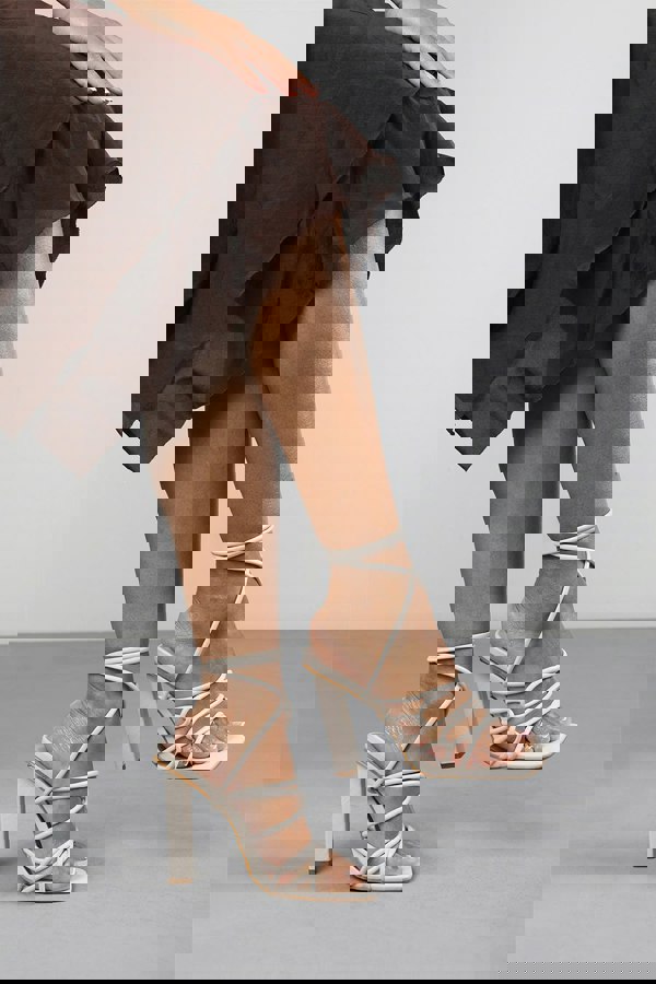Where's That From Emilia High Heels With A Tie Leg And Cross Over Strap Detail In Ivory Cream Faux Leather