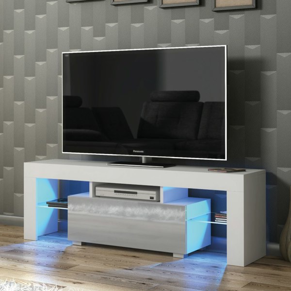 Mex Furniture 130cm TV Unit Cabinet with Grey High Gloss Doors, Free LED and Storage