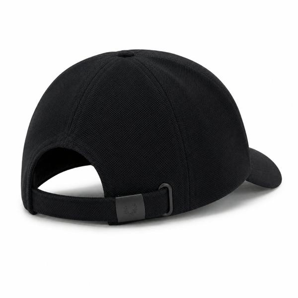 Fred Perry black piqué classic cap with adjustable strap and embroidered laurel wreath buckle.