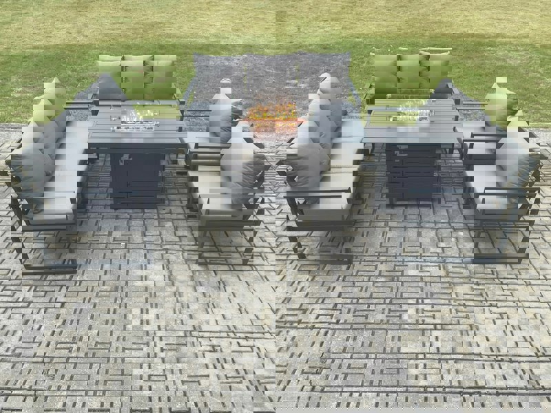 Fimous Aluminium 5 Pieces Garden Furniture Sofa Set with Cushions 8 Seater Gas Fire Pit Dining Table Set Dark Grey