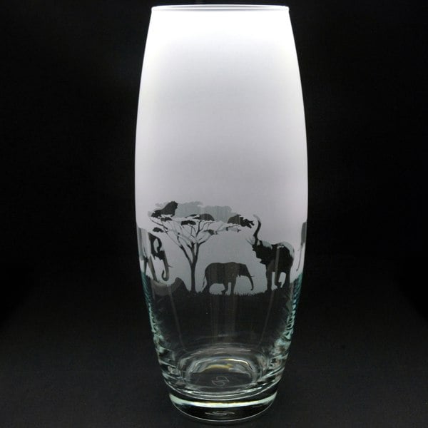 Glyptic Glass Art Elephant Glass Botanica Vase - Hand Etched/Engraved Gift