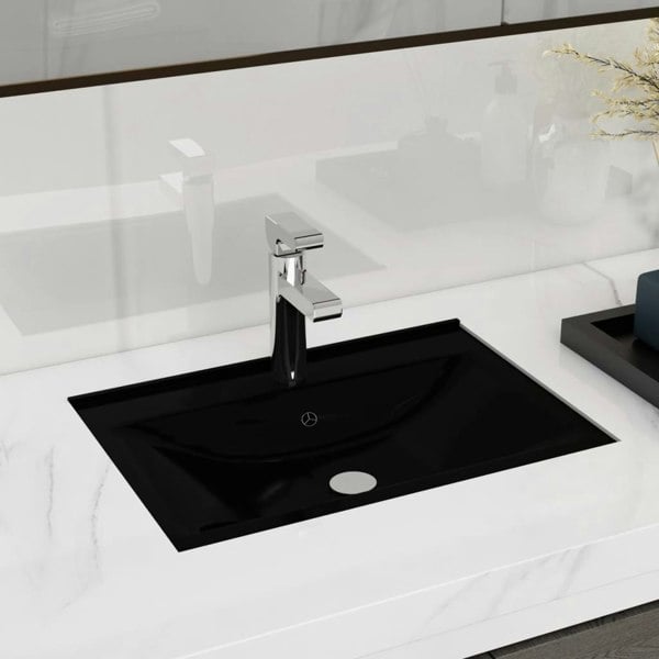 Berkfield Ceramic Bathroom Sink Basin Faucet/Overflow Hole Black Rectangular