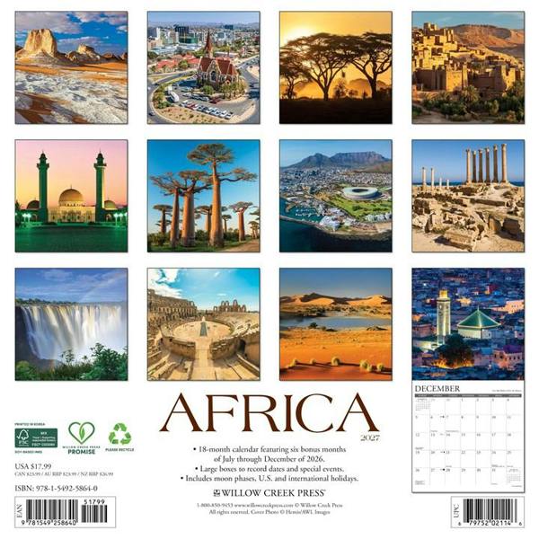 Africa Calendar 2027, Wall Calendars, Month To View, Travel, Gift