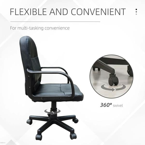Black PU leather swivel office chair with armrests and 360-degree rotation