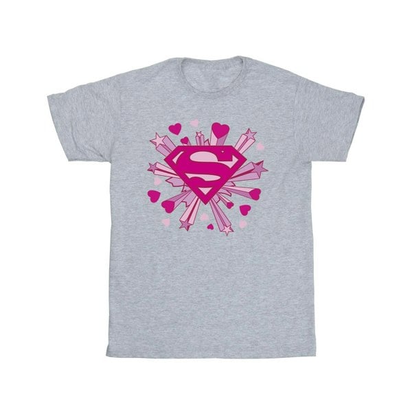 DC Comics Girls Superman Pink Hearts And Stars Logo Cotton T-Shirt - Sports Grey