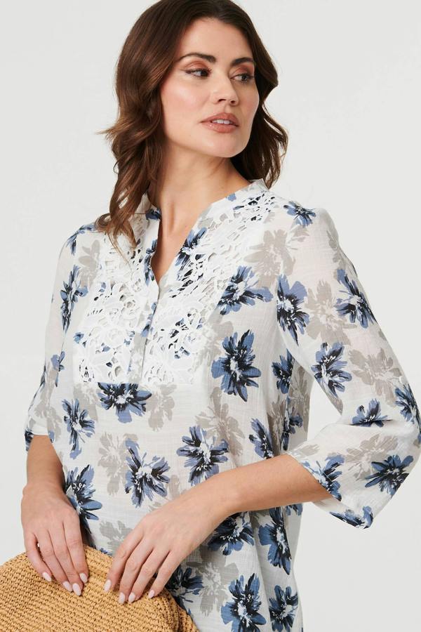 Blue | Floral Lace Trim 3/4 Sleeve Blouse