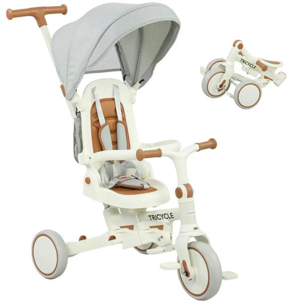 Kids tricycle with adjustable backrest, canopy and push handle, cream frame, brown accents