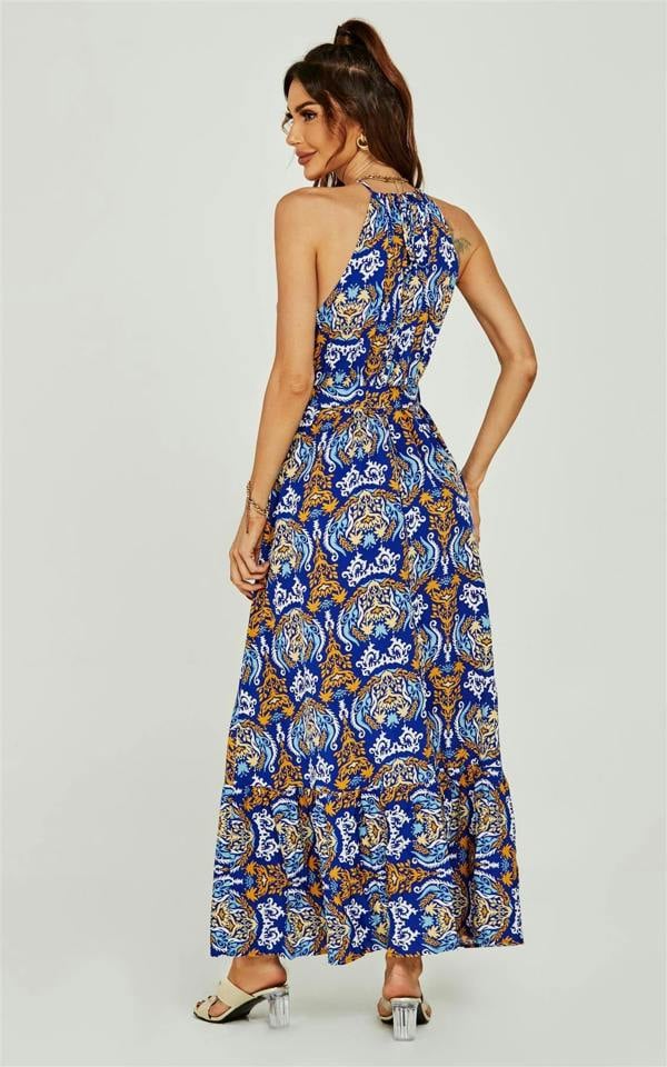 FS Collection Rose Flora Print Halterneck Tiered Maxi Dress In Royal Blue