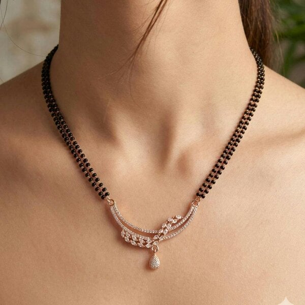 The Colourful Aura Rose Gold CZ Crystal Marquise Leaf Mangalsutra Black Bead Necklace