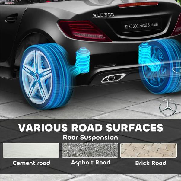 Rear side view of black kids electric ride-on car with light-up wheels