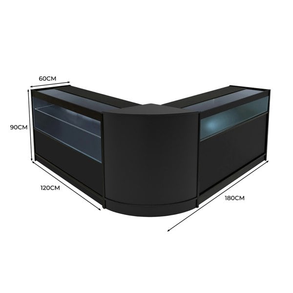Black Adonis LED Shop Counter Set featuring a sleek design with glass display sections, measuring 180cm wide and 90cm tall
