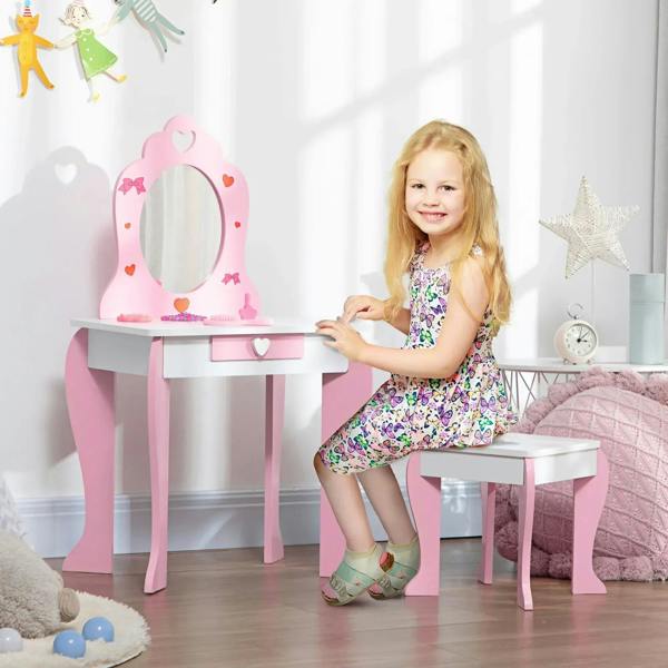 Kids pink dressing table with heart mirror and heart drawer, with matching white stool