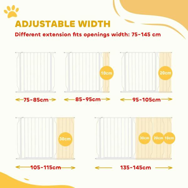 White dog safety gate adjustable width fit chart illustration