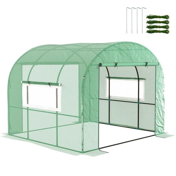 Green walk-in polytunnel greenhouse with zippered side doors and mesh panels