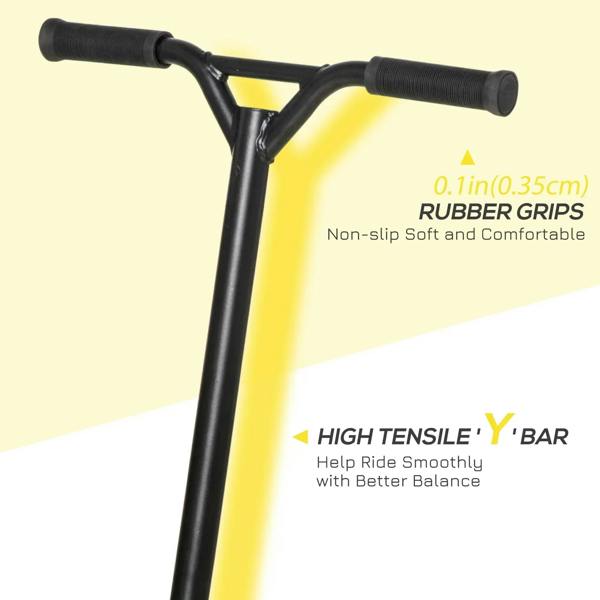 Black Y-style handlebar with rubber grips on a gold and black stunt scooter