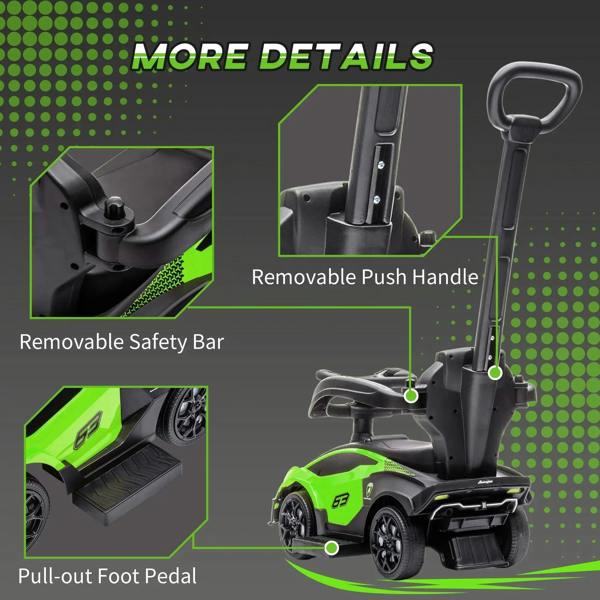 Green kids Lamborghini ride-on stroller with removable push handle and safety bar