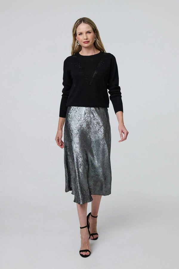 Silver | Metallic A-Line Midi Slip Skirt
