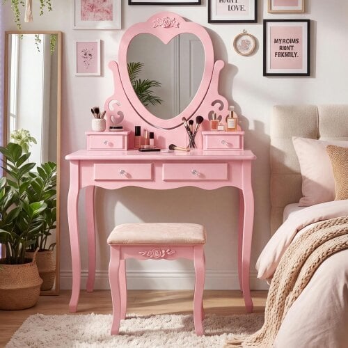 Kosy Koala Pink Heart Dressing Table Makeup Desk Vanity Set White Mirror Drawers Stool
