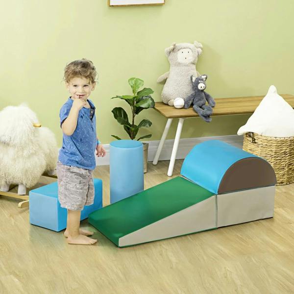 Kids using blue tunnel and green ramp foam play set for climbing and crawling
