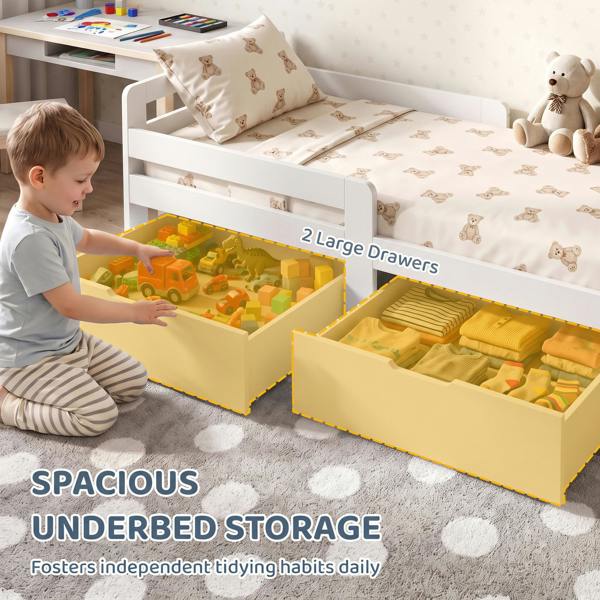 AIYAPLAY Wooden Kids Bed Frame with 2 Storage Drawers for Ages 4-14, White