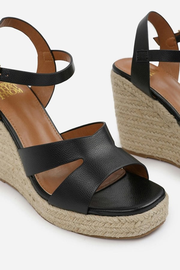 Where's That From Sansa Cut Out Strap Detail Wedge Shoes With Buckle Closure in Black Grain Pu