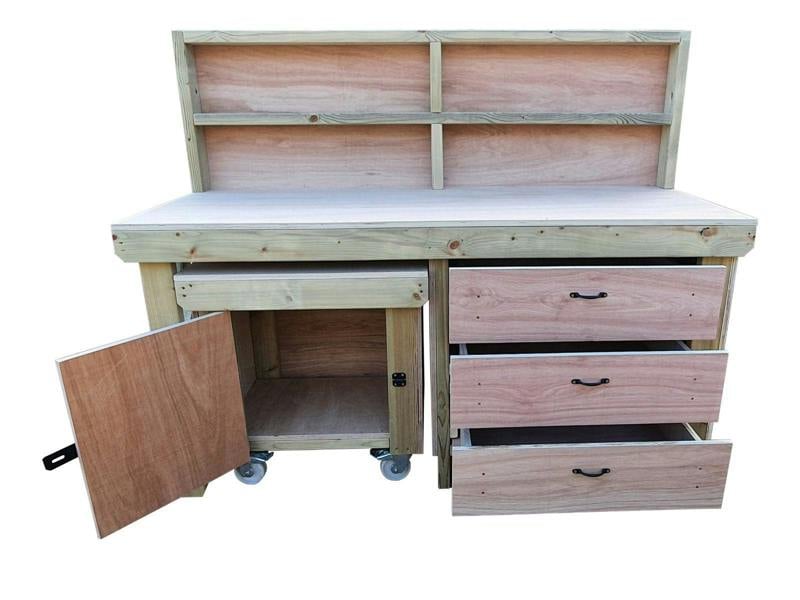 Arbor Garden Solutions Wooden Eucalyptus hardwood top workbench with drawers and functional lockable cupboard (V.6) with back