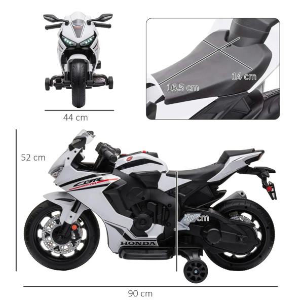 White kids ride-on motorcycle multi-view layout, with training wheels and front disc