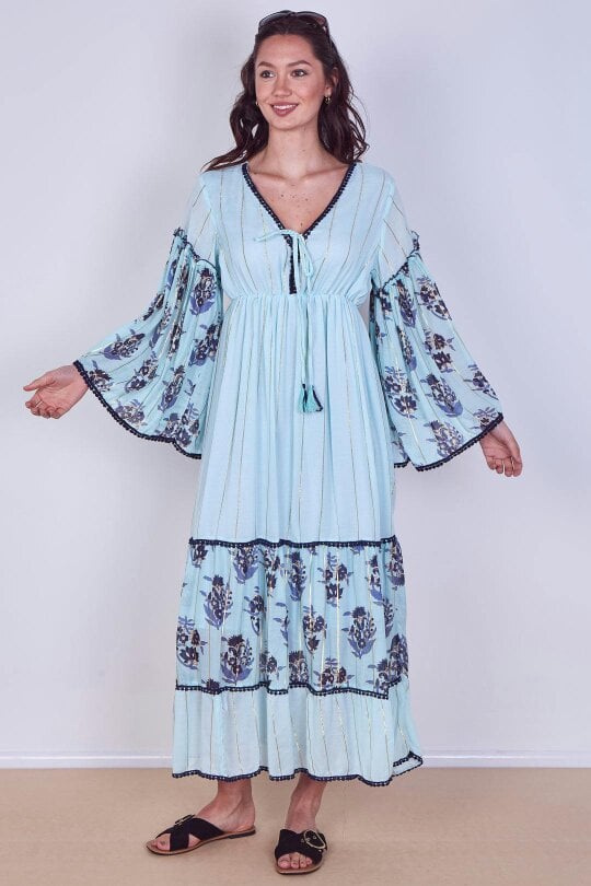 Bohemian Tiered Maxi Dress – Flowy Viscose Elegance - light blue - Onesize (8-14)