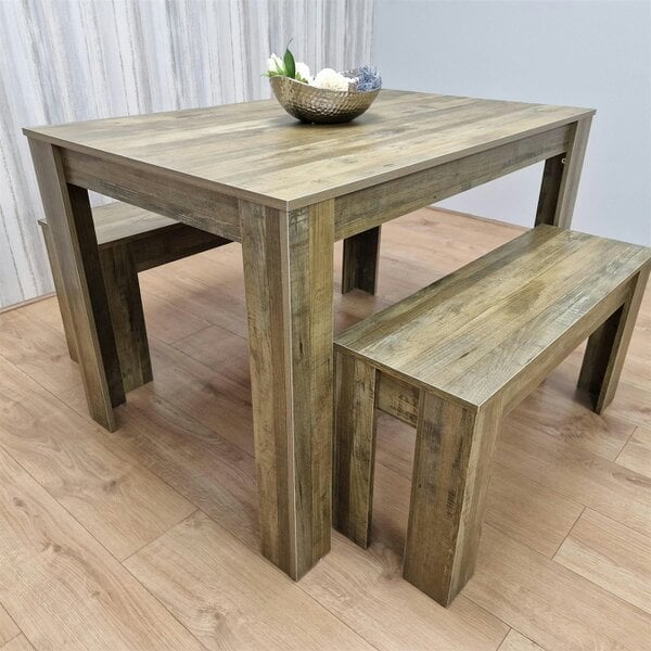 Kosy Koala Dining Table and 2 Benches Rustic Effect Wood Table Rustic Benches Dining Room