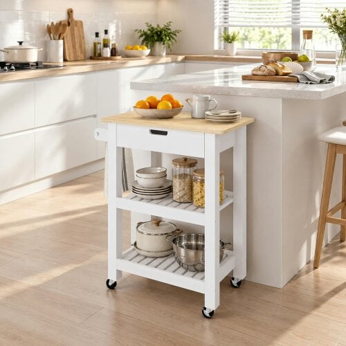 HOMCOM Kitchen Trolley Utility Cart on Wheels with Rubberwood Worktop White