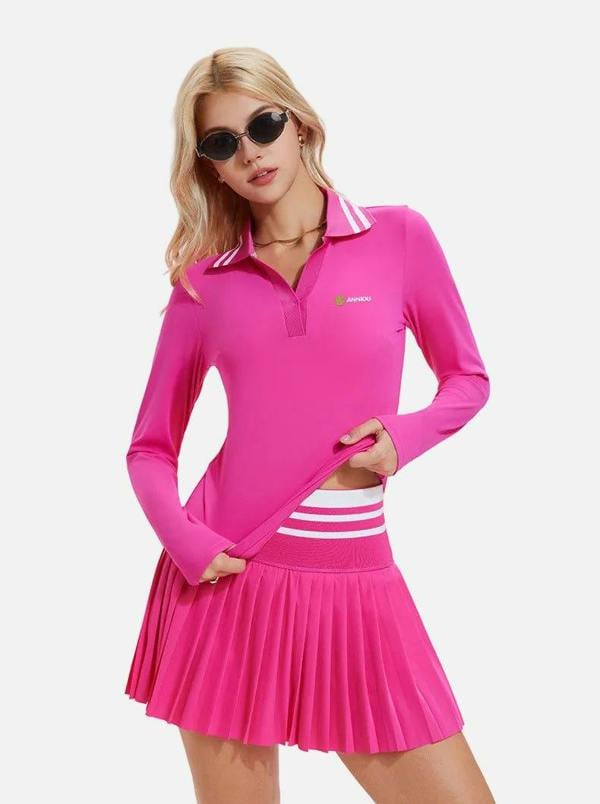 Anniou UPF 50+ Long-Sleeve Pickleball Polo - Rose Red