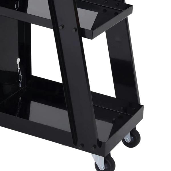 Black welding cart bottom tier with caster wheels and vertical support frame