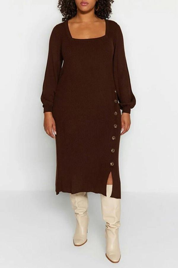 WOVCOR Button Detail Slit Knit Dress