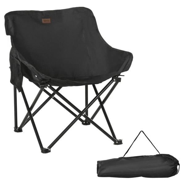 Black folding camping chair with padded fabric seat and back, supported by X-frame legs
