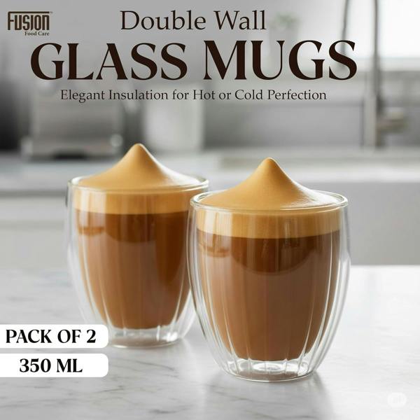 Fusion Food Care Double Walled Glass Coffee Mugs 2x350ml - Coffee Glass Cups for Hot & Cold Drinks - Striped Latte Mugs
