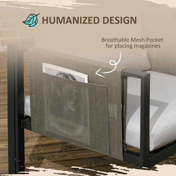 Outdoor armchair with light grey cushion and breathable mesh pocket on the armrest