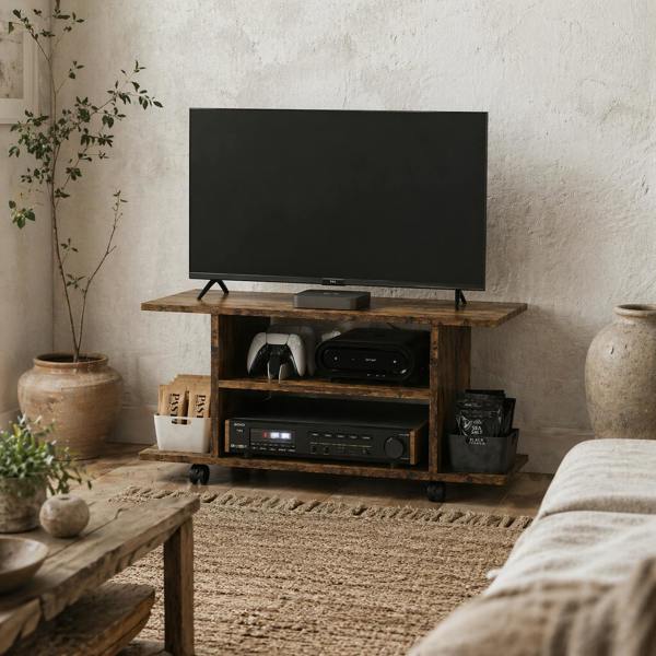 Wyld Haus Rinael 80cm Wooden Rustic Brown Mobile TV Storage Unit With Shelves And Bookcase Style Design