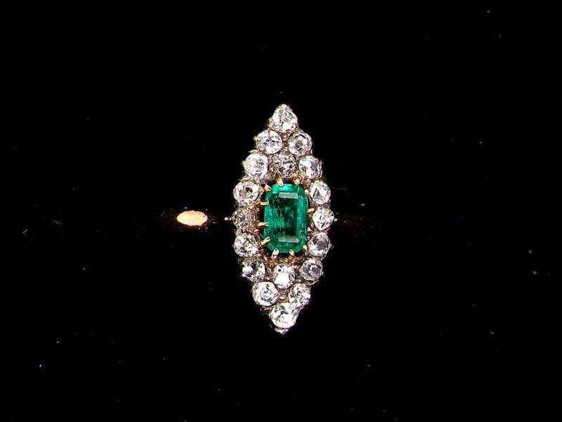 Vintage Tom An Edwardian marquise cluster emerald and diamond ring-