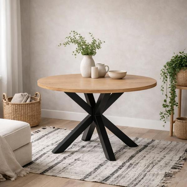 Wyld Haus Perth 120cm Natural Oak Veneer Round Dining Table Industrial Black Metal Legs