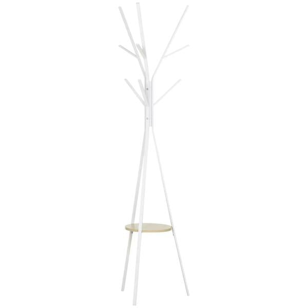 White metal freestanding coat rack with round shelf and hanging hooks, tall tree design