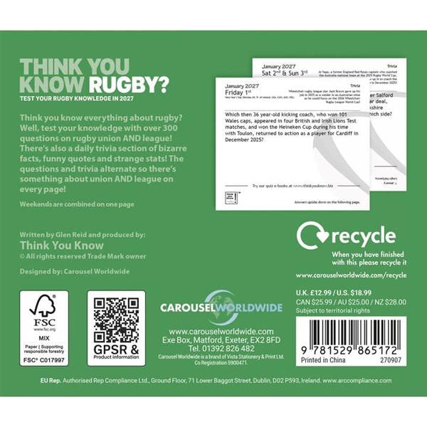 Think You Know Rugby? Desk Calendar 2027, Desk Calendars, Day To View, Sports, Gift