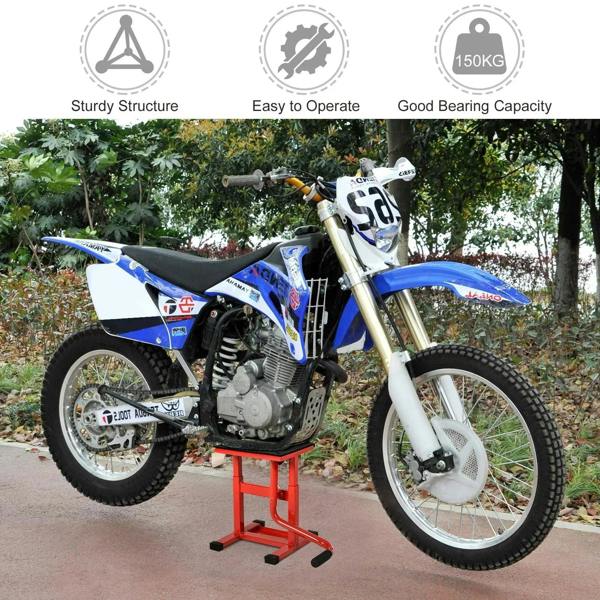 Red motorbike jack lift supporting a motorcycle with black rubber feet visible
