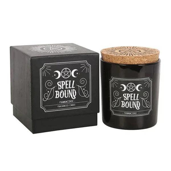 Black candle jar with cork lid and boxed packaging, white occult label design
