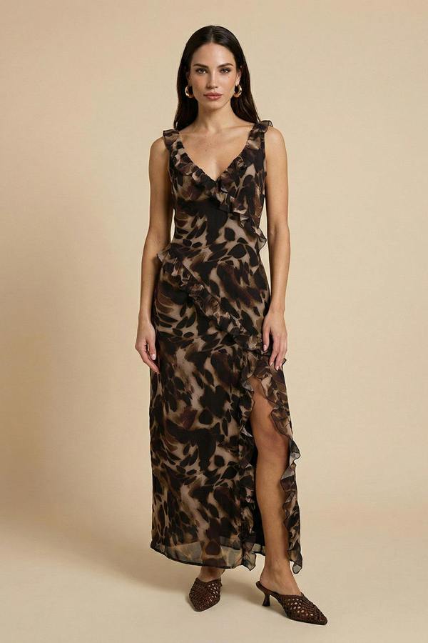 Urban Bliss Tortoise Print Ruffle Maxi Dress